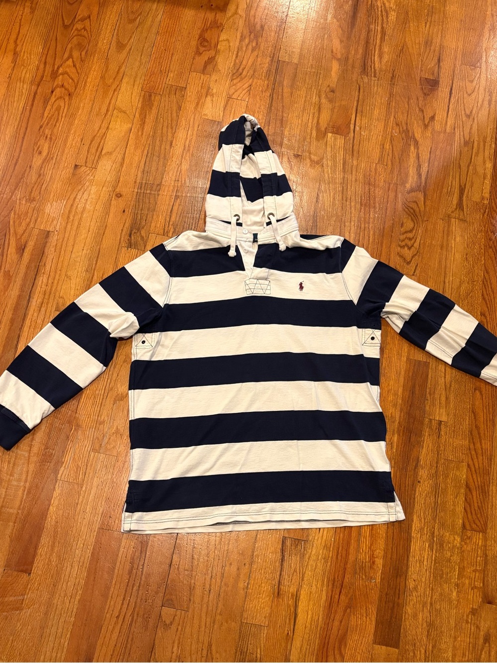 Polo by Ralph Lauren Navy and Cream Striped Hooded Crewneck Sweater xl